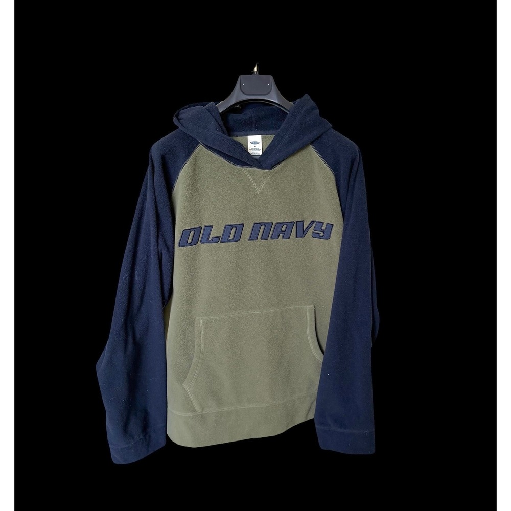 Vintage Old Navy Mens XL Y2K Fleece Hoodie Raglan Navy Spellout Pullover